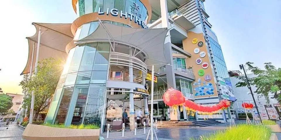 Modern commercial building with unique architecture and vibrant exterior design.