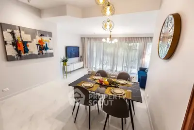 Modern dining and living room with elegant decor and natural light