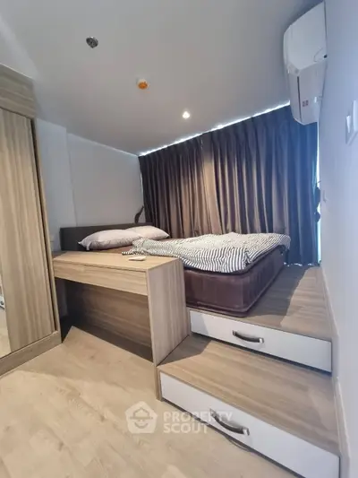 Modern bedroom with stylish wooden furniture and cozy ambiance
