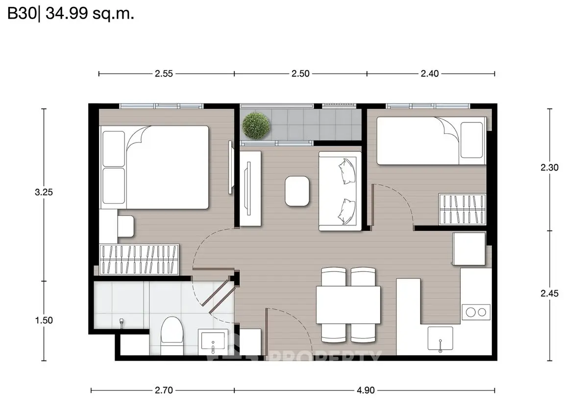Modern 34.99 sq.m. apartment floor plan with two bedrooms and open living area.