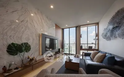 Luxurious living room with stunning city view, modern decor, and elegant marble wall design.