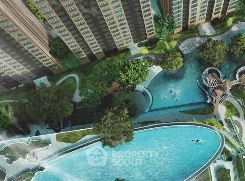 Luxurious residential complex with stunning pool and lush gardens, offering a serene urban oasis.