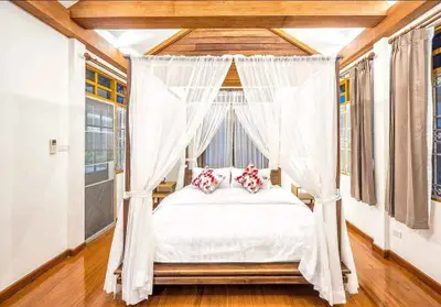 Luxurious bedroom with elegant canopy bed and wooden accents