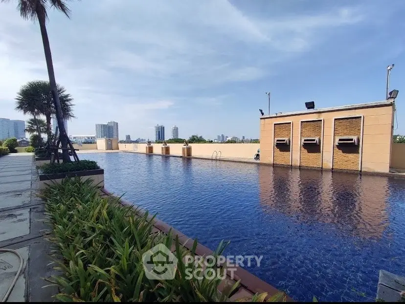 Luxurious rooftop pool with stunning city skyline view