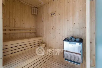 Luxurious wooden sauna room with modern heater and seating area.