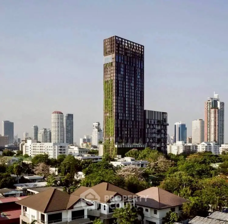 Stunning high-rise building with lush greenery in vibrant cityscape