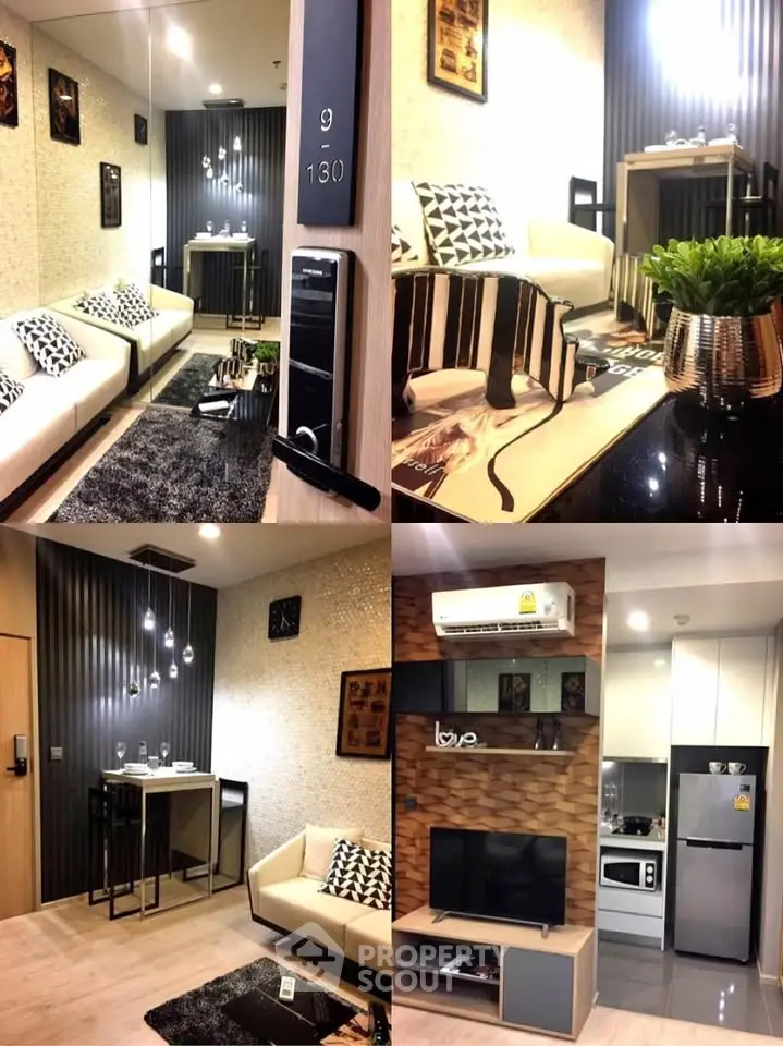 Modern apartment interior with stylish living room and kitchen, featuring sleek design and contemporary decor.