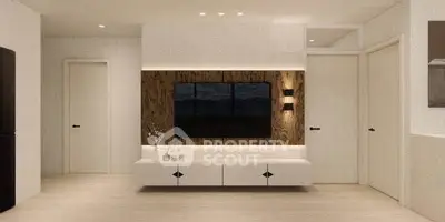Modern living room with sleek TV unit and ambient lighting