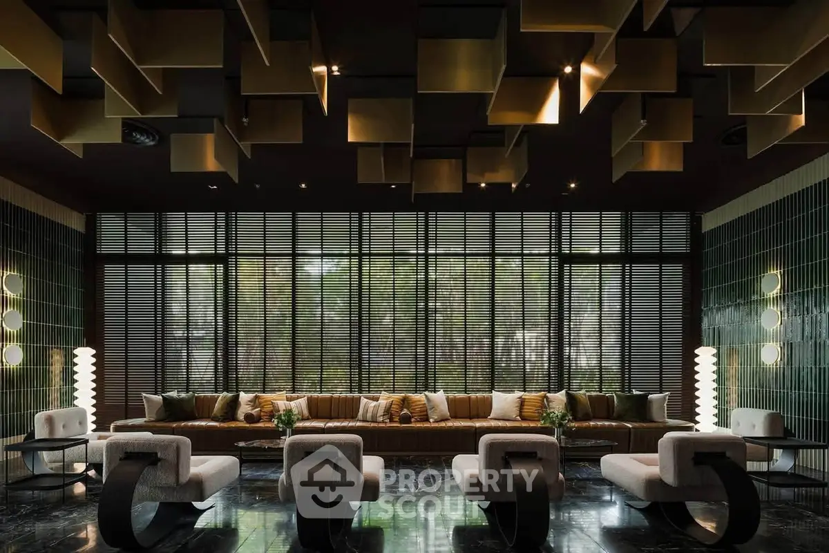 Luxurious modern living room with unique ceiling design and stylish furniture