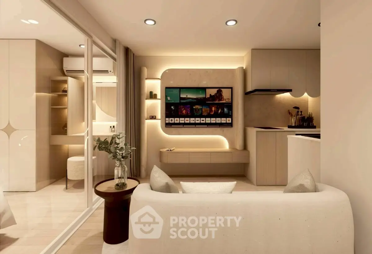 Modern living room with sleek design, cozy seating, and ambient lighting in a stylish apartment.