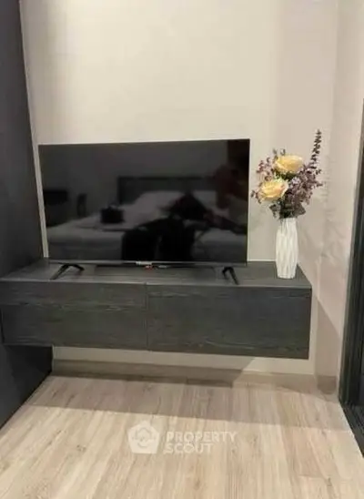 Modern living room with sleek TV stand and elegant decor