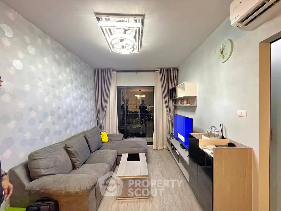 Modern living room with stylish decor and cozy seating area