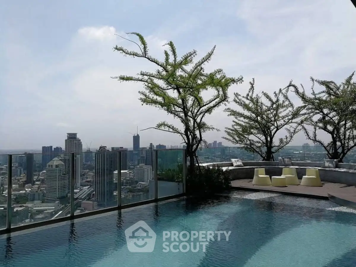 Luxurious rooftop pool with stunning city skyline view and modern seating area.