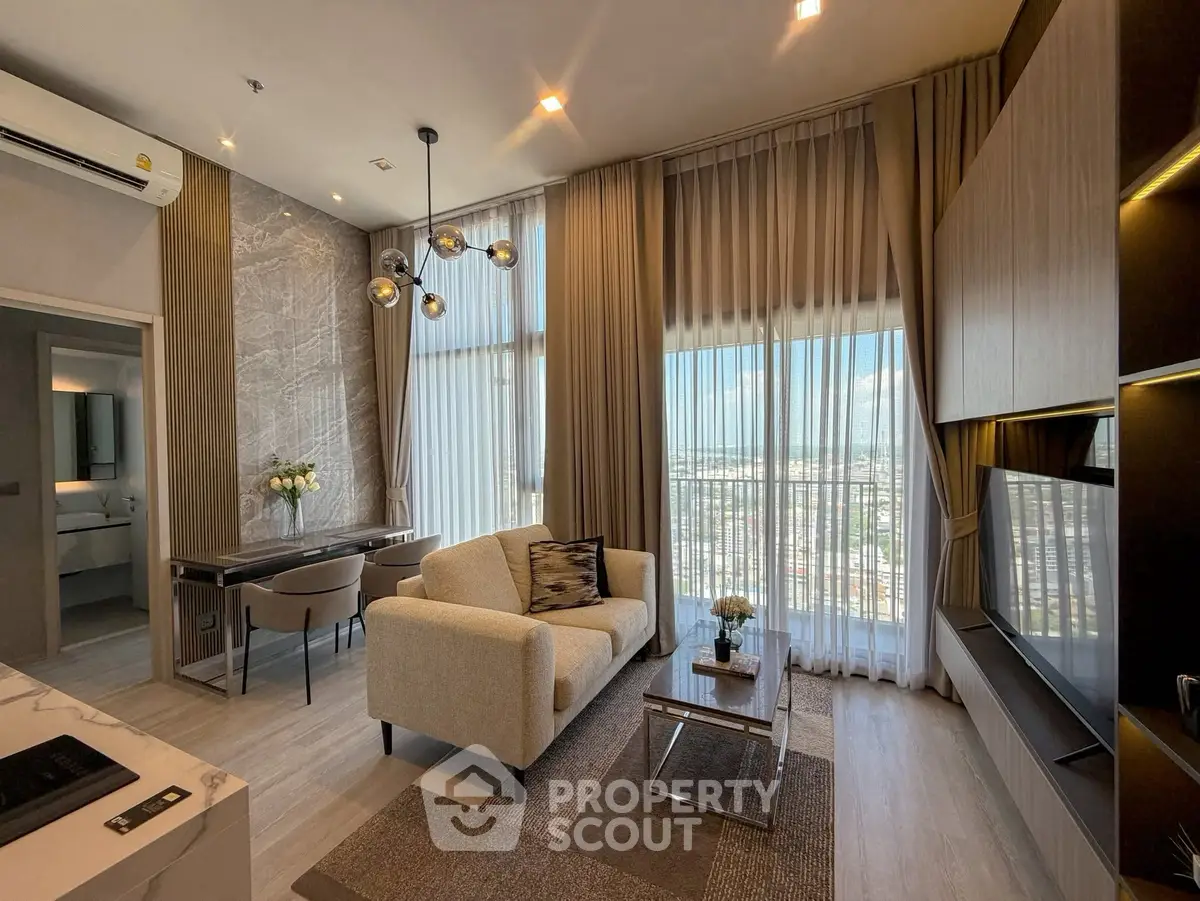 Luxurious modern living room with floor-to-ceiling windows and stunning city view
