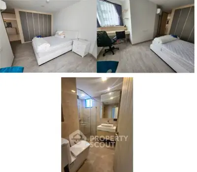 Modern bedroom and bathroom in a stylish apartment with sleek furnishings and contemporary design.
