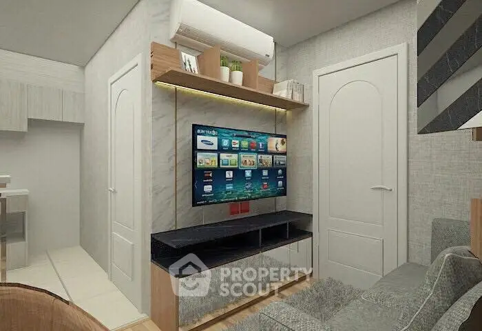 Modern living room with wall-mounted TV and stylish shelving in cozy apartment.