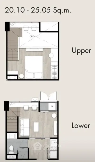 Modern duplex apartment floor plan with efficient layout and stylish design.
