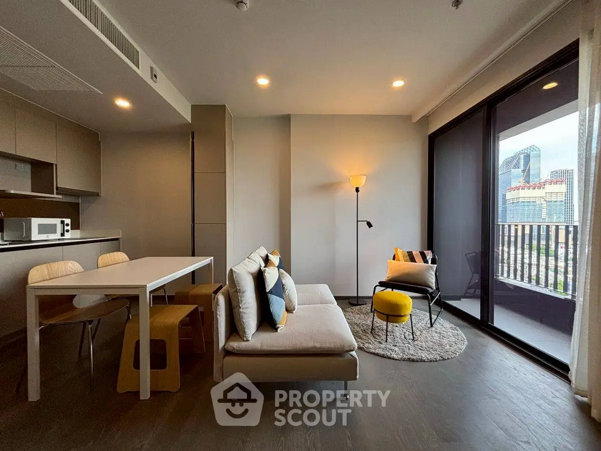 Modern living room with city view and stylish decor