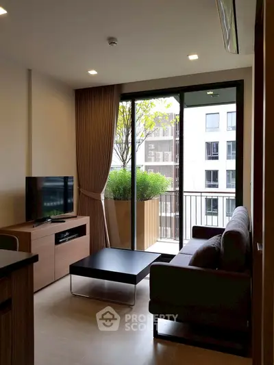 Modern living room with balcony view in stylish apartment