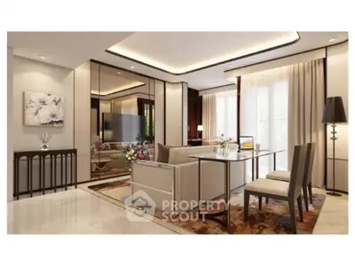 Elegant living room with modern decor, large windows, and stylish furniture.