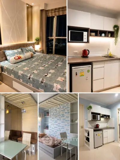 Modern condo interior with cozy bedroom, compact kitchen, and stylish dining area.