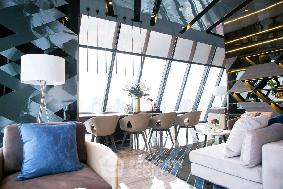 Luxurious modern living room with panoramic city views and elegant decor