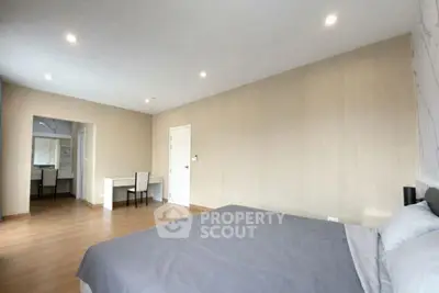 Spacious bedroom with modern decor and natural light