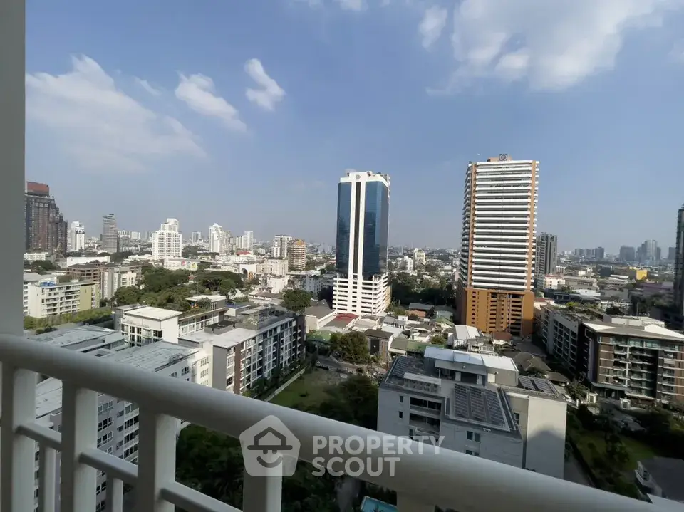 Stunning cityscape view from high-rise balcony with modern skyline