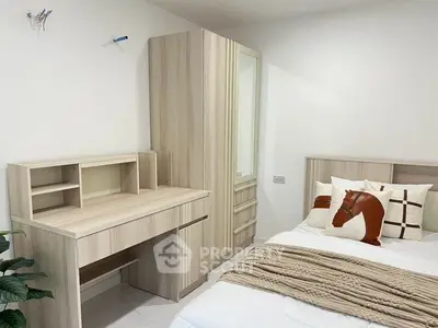 Modern bedroom with stylish wooden furniture and cozy decor