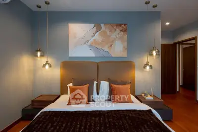 Luxurious bedroom with modern decor and ambient lighting, perfect for relaxation and comfort.