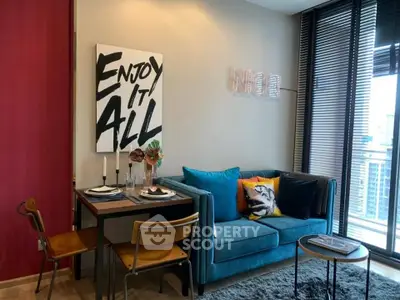 Stylish modern living room with vibrant decor and cozy seating area, perfect for urban living.
