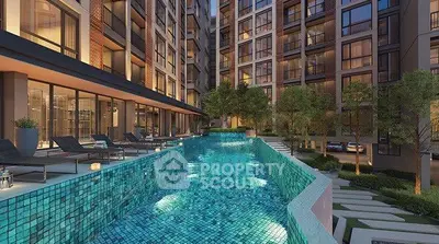 Luxurious apartment complex with stunning pool and modern architecture