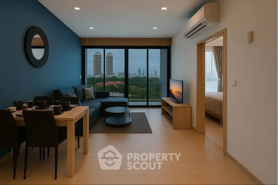 Modern living room with stylish decor and city view, featuring a cozy seating area and dining table.