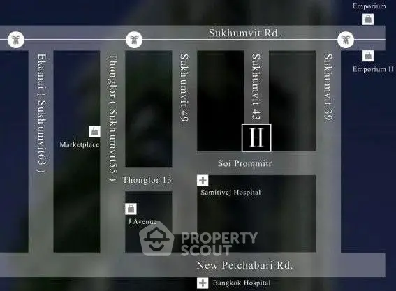 Map showing real estate locations near Sukhumvit Road, highlighting hospitals and shopping areas.