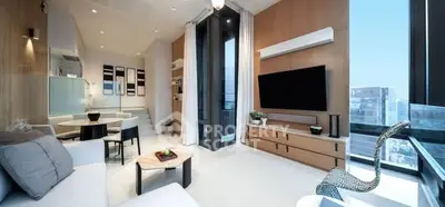 Luxurious modern living room with floor-to-ceiling windows and stunning city view