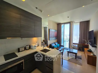 Modern open-layout kitchen and living room with city view, featuring sleek appliances and stylish decor.