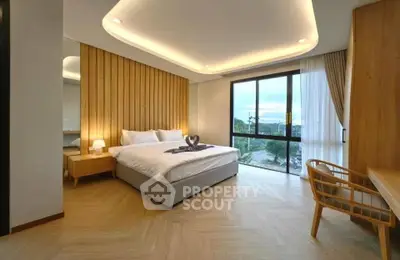 Luxurious modern bedroom with large window and elegant wooden accents