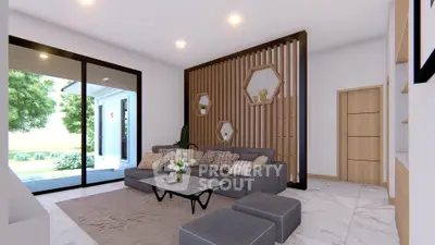 Modern living room with stylish decor and large sliding glass doors opening to a lush garden view.