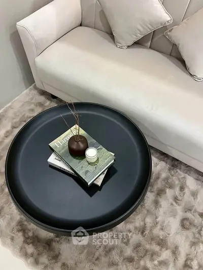 Stylish living room with plush sofa and modern round coffee table on a luxurious rug.
