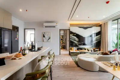 Luxurious modern living room with open kitchen and stylish decor