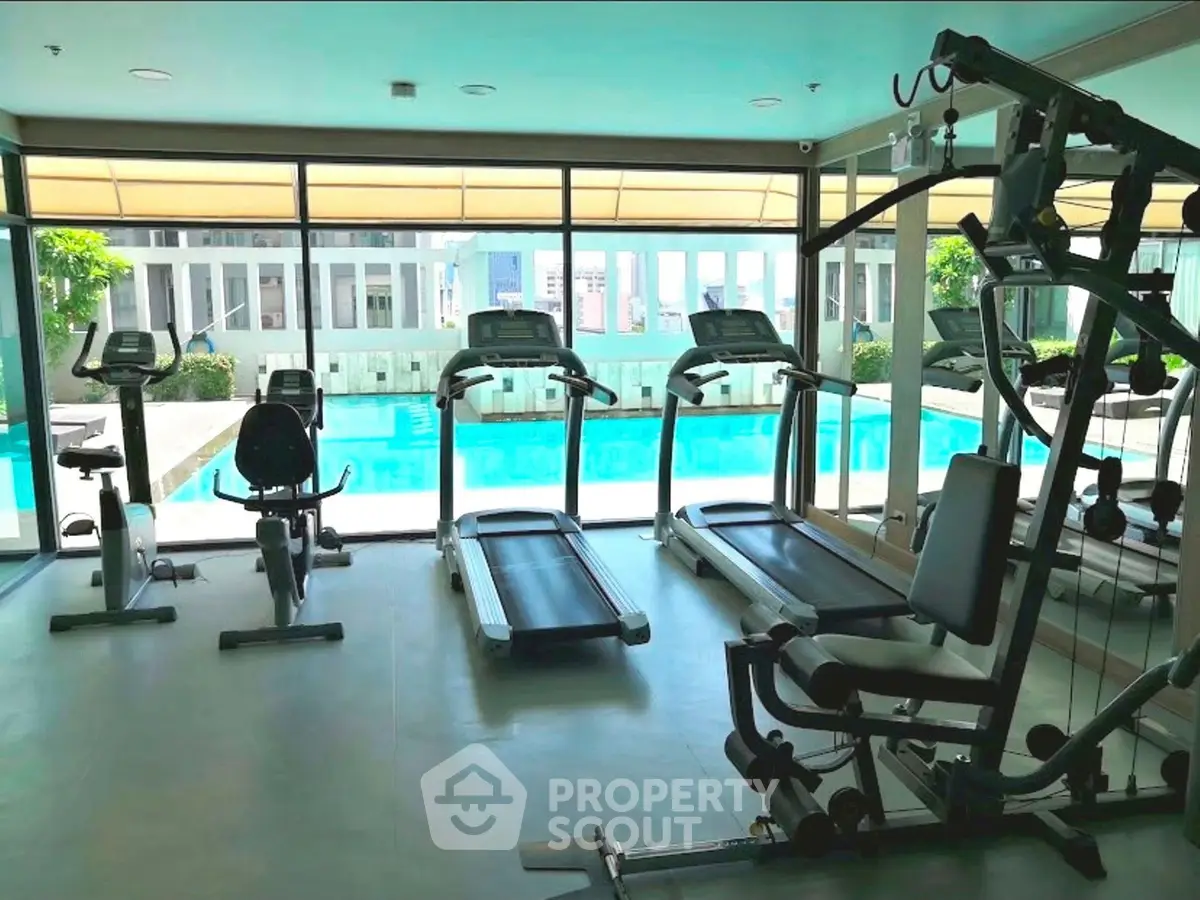 Modern gym with pool view in luxury real estate property