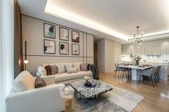 Luxurious open-plan living room with modern decor and elegant dining area.