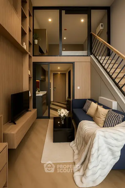 Modern duplex living room with stylish decor and cozy ambiance