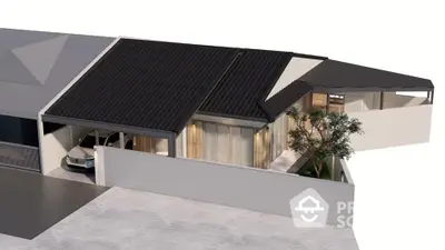 Modern architectural design of a sleek house with carport and minimalist landscaping.