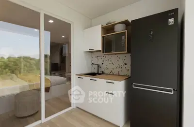 Modern compact kitchen with sleek black fridge and terrazzo backsplash