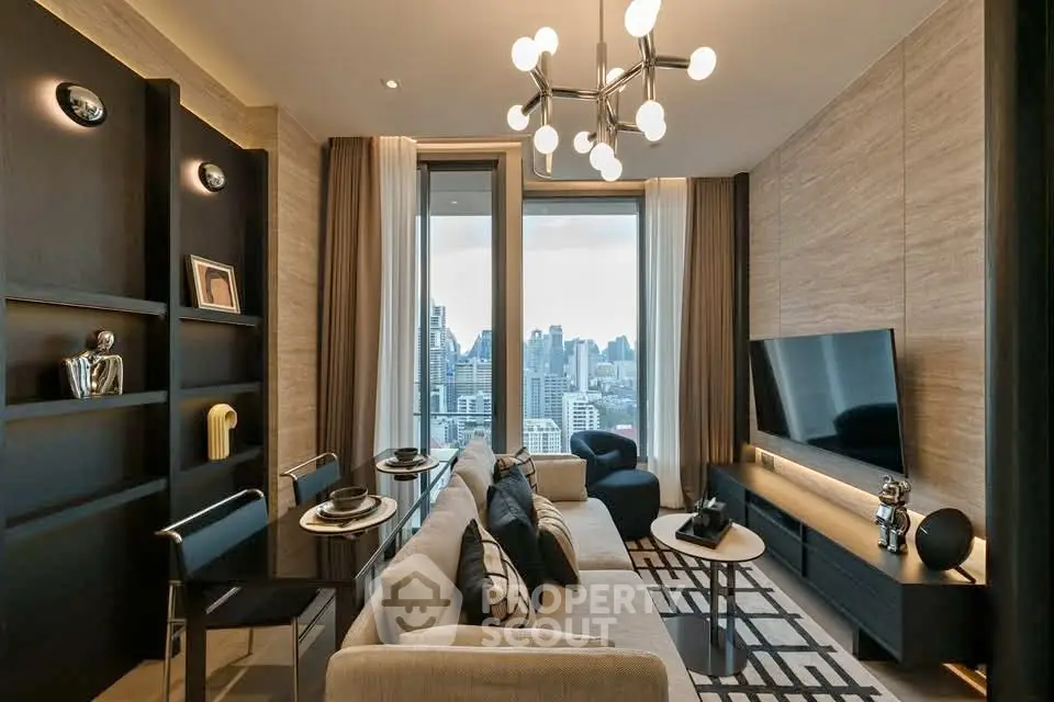 Luxurious modern living room with city skyline view, elegant decor, and stylish lighting.