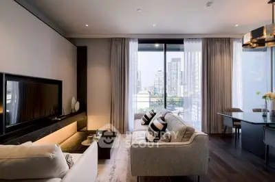 Luxurious modern living room with city view, elegant decor, and ample natural light.