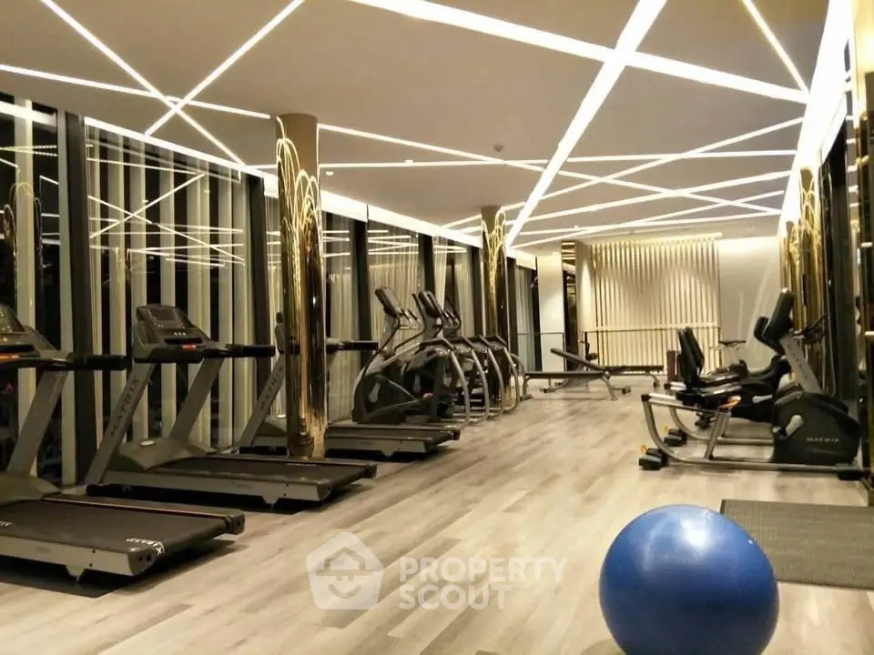Luxurious modern gym with state-of-the-art equipment and stylish lighting in a high-end property.