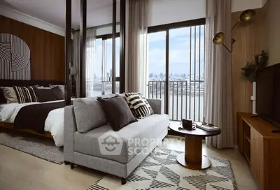 Modern living room with stylish decor and city view, featuring a cozy sofa and elegant furnishings.