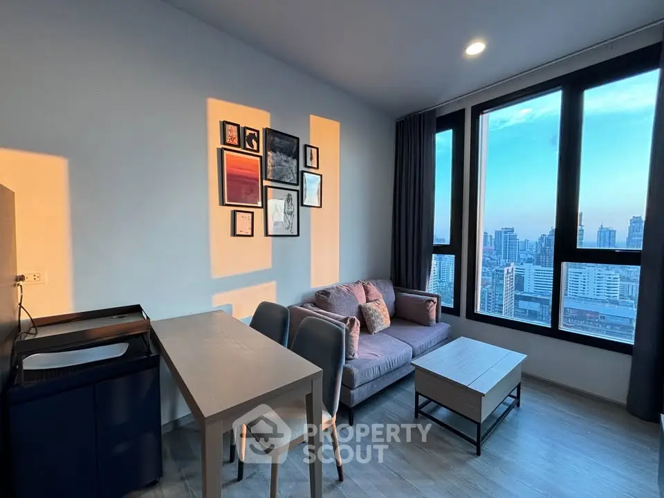 Modern living room with stunning city view and stylish decor